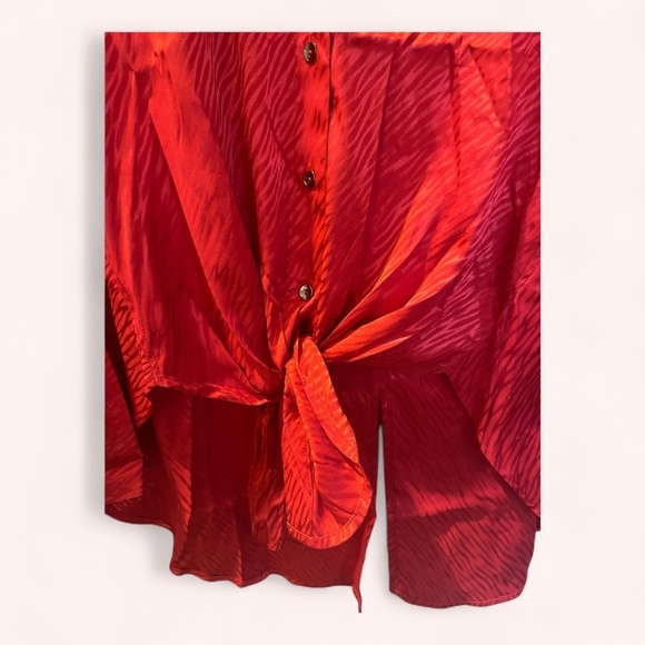 Adrienne Landau Goji Berry Zebra Print Satin Front Tie Button Up Top NWT Size S - Picture 4 of 7